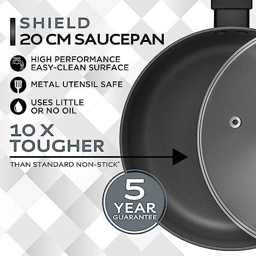 Russell Hobbs RH02841EU7 Shield 20 cm Saucepan – Non-Stick Coating 10x Tougher*, Induction Suitable Cooking Pot, Tempered Glass Lid, Pressed Aluminium Casserole, Easy to Clean, Soft-Touch Handle