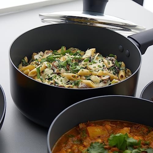 Russell Hobbs RH02841EU7 Shield 20 cm Saucepan – Non-Stick Coating 10x Tougher*, Induction Suitable Cooking Pot, Tempered Glass Lid, Pressed Aluminium Casserole, Easy to Clean, Soft-Touch Handle