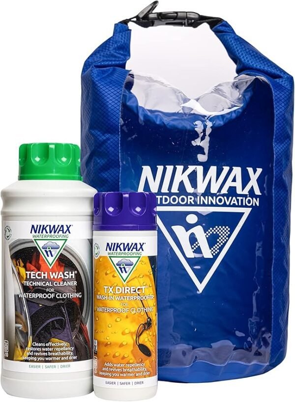 Nikwax Outdoor Protection Kit - cleaning and waterproofing for clothing - includes: Tech Wash 1L | TX.Direct 300ml | FREE 10L Dry Bag