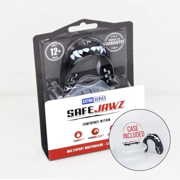 SAFEJAWZ Sports Mouthguard/Gum Shield, Case and Cleaner Spray 50ml Bundle for Rugby, Boxing, Martial Arts,